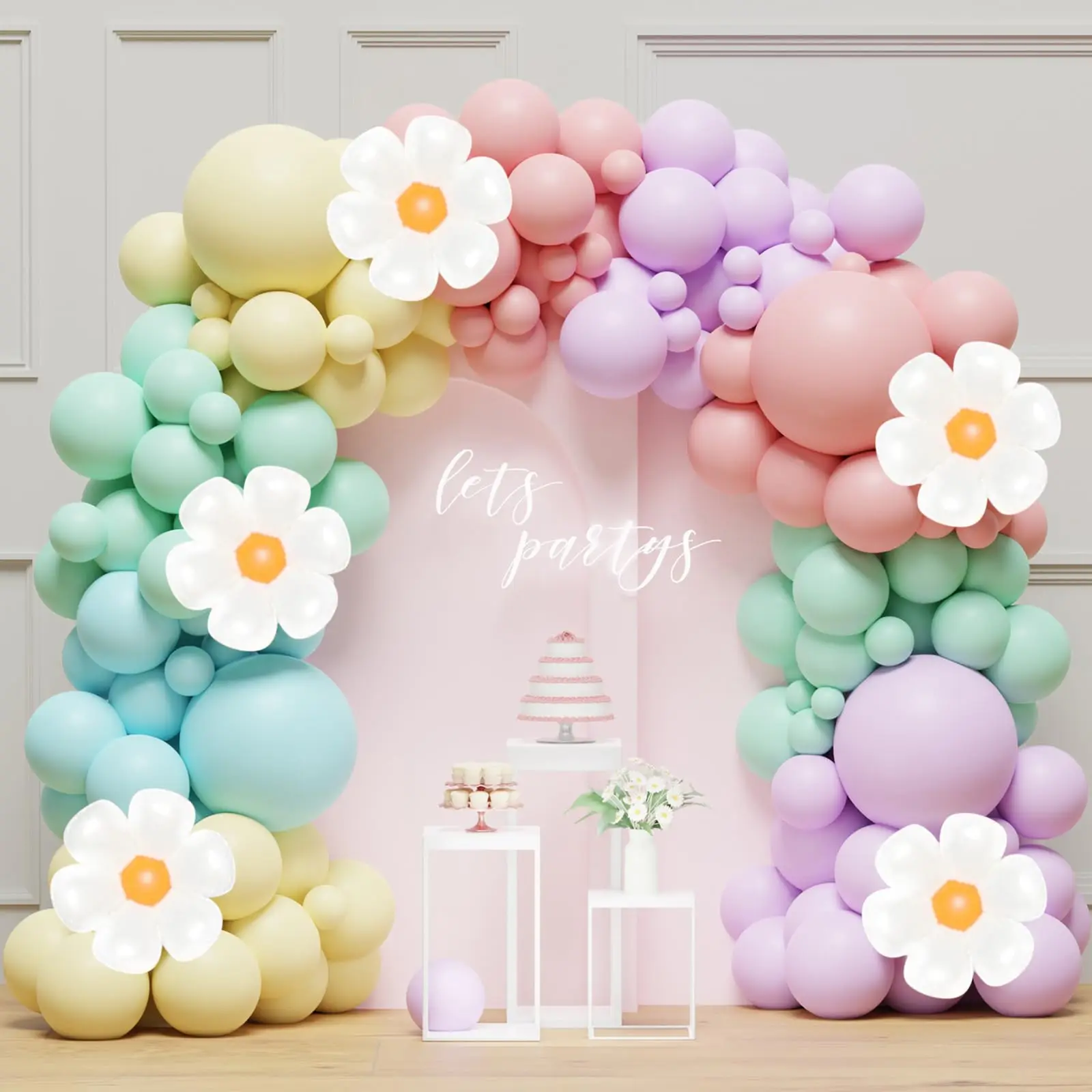 136-teiliges Gänseblümchen-Ballon-Girlanden-Set Weiß Modische Blumen Macaron Rosa Gelb Blau Lila Ballons Geburtstag Gänseblümchen-Thema