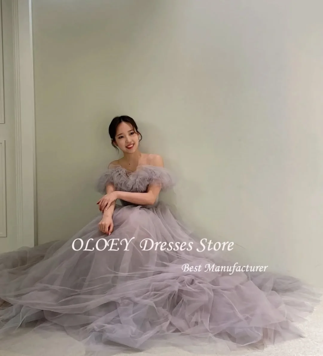 OLOEY الجنية الأرجواني تول فساتين الزفاف صورة تبادل لاطلاق النار قبالة الكتف الطية فستان زفاف ألف خط أنيقة سويب تراين فساتين السهرة