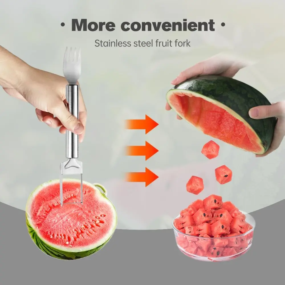 Watermelon Fork Slicer Cutter, Stainless Steel 2-in-1 Watermelon Fork Slicer, Portable Watermelon Fork Watermelon Cutter Slicer