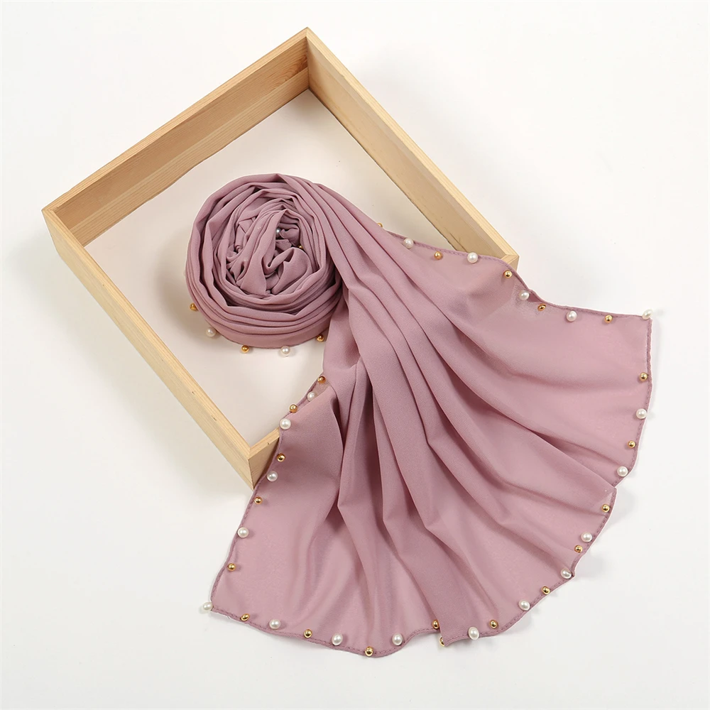 

Новый женский простой шифоновый шарф с пузырьками, платок, хиджабы с жемчугом, повязки на голову, однотонные шали, повязка на голову, платок Femme, мусульманский тюрбан