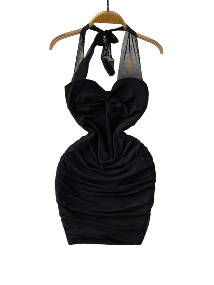 Foamlina 痩身ツイスト V ネックホルタードレス女性の夏のメッシュプリーツ締め付けウエストボディコンミニスカートドレス