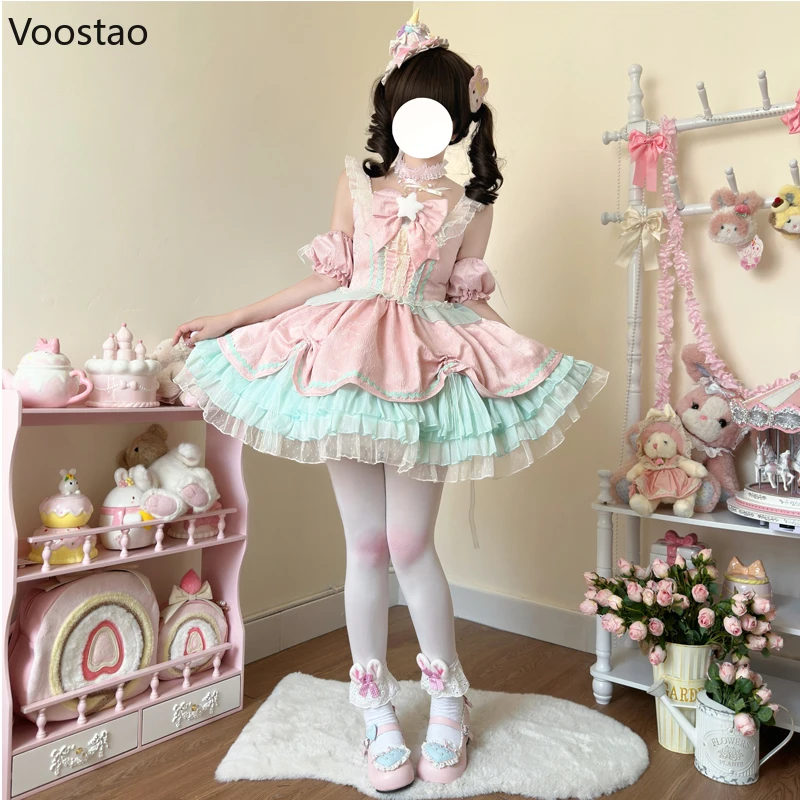 Japanese Sweet Lolita Jsk Dress Women Harajuku Kawaii Star Bowknot Lace Ruffles Party Dresses Cute Girls Y2k Slim Mini Dress