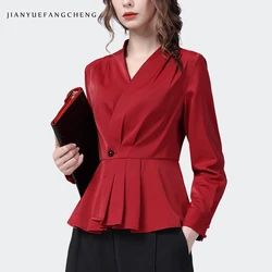 Office Ladies Red Satin Shirt manica lunga con scollo a v elegante Skinny Cinch vita Top Fashion camicette da lavoro formali femminili