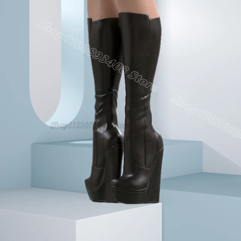 Czarne Botki na Koturnie Platformie z Okrągłym Noskiem w Brytyjskim Stylu na Imprezę i na Co Dzień, Elastyczne Kozaki do Kolan Damskie 2025 Zapatos Para Mujere