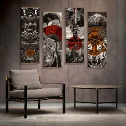 Japanese Samurai Ukiyoe Scroll Canvas Wall Art Poster Abstract Retro Black Art Scroll  Painting Living Room Bedroom Decor