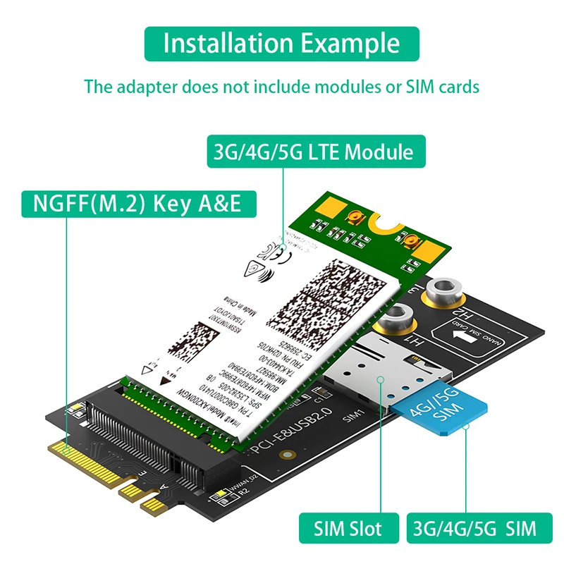 M.2 Key B to M.2 Key A+E Adapter with NANO SIM Card Slot for 3G/4G/5G Module Support 3042/3052 Type Key B M2 Wifi Card Converter