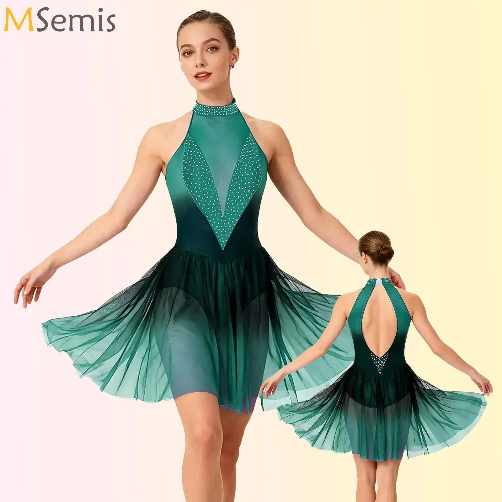 

Womens Gymnastics Artistic Figure Skating Ballet Lyrical Dance Performance Costume Halter Rhinestones Gradient Sheer Mesh Dress