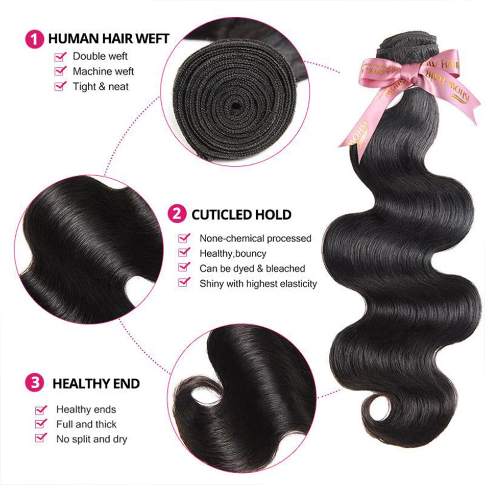 Tissage en Lot Brésilien Naturel Body Wave, avec Closure, 4x4, 13x4, HD, 10A, Double Trame, 3 Lots