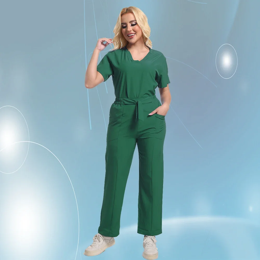 Novo uniforme de trabalho fino casaco de enfermagem clínica médica + calças beleza feminina pet hospital clínica dentária enfermagem casa enfermeira conjunto