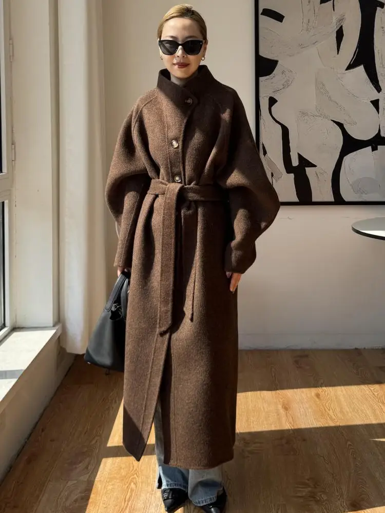 Bürodame einreihige Wolljacken 2025, Herbst- und Winteranzugkragen, Schnürung, lockere lange Damenmäntel aus 100 % Wolle