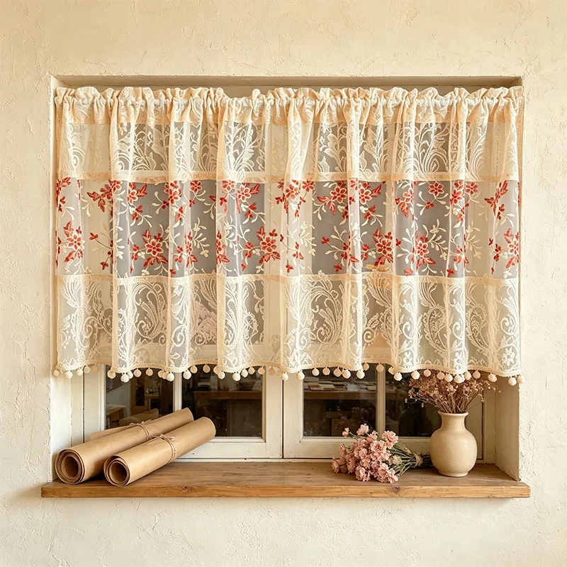 1pc Yellow Paisley Feather Lace Spliced Cafe Curtain, Retro Red‑Tone Floral Mesh Embroidered Half Curtain with White Pom Fringe