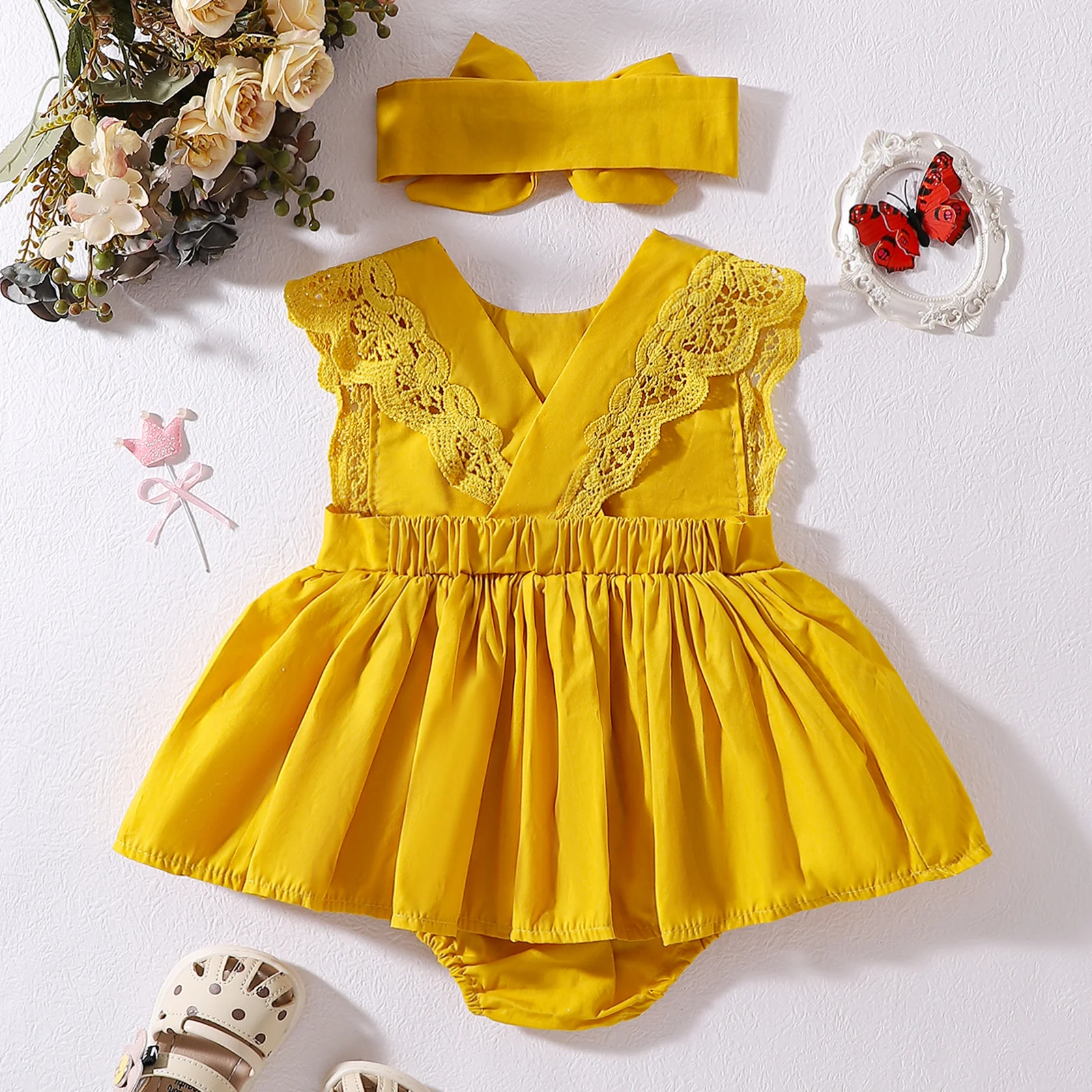 Newborn Summer Baby Girl Yellow & Pink Flutter Sleeves Skirt Dress Jumpsuit Romper + Headwear