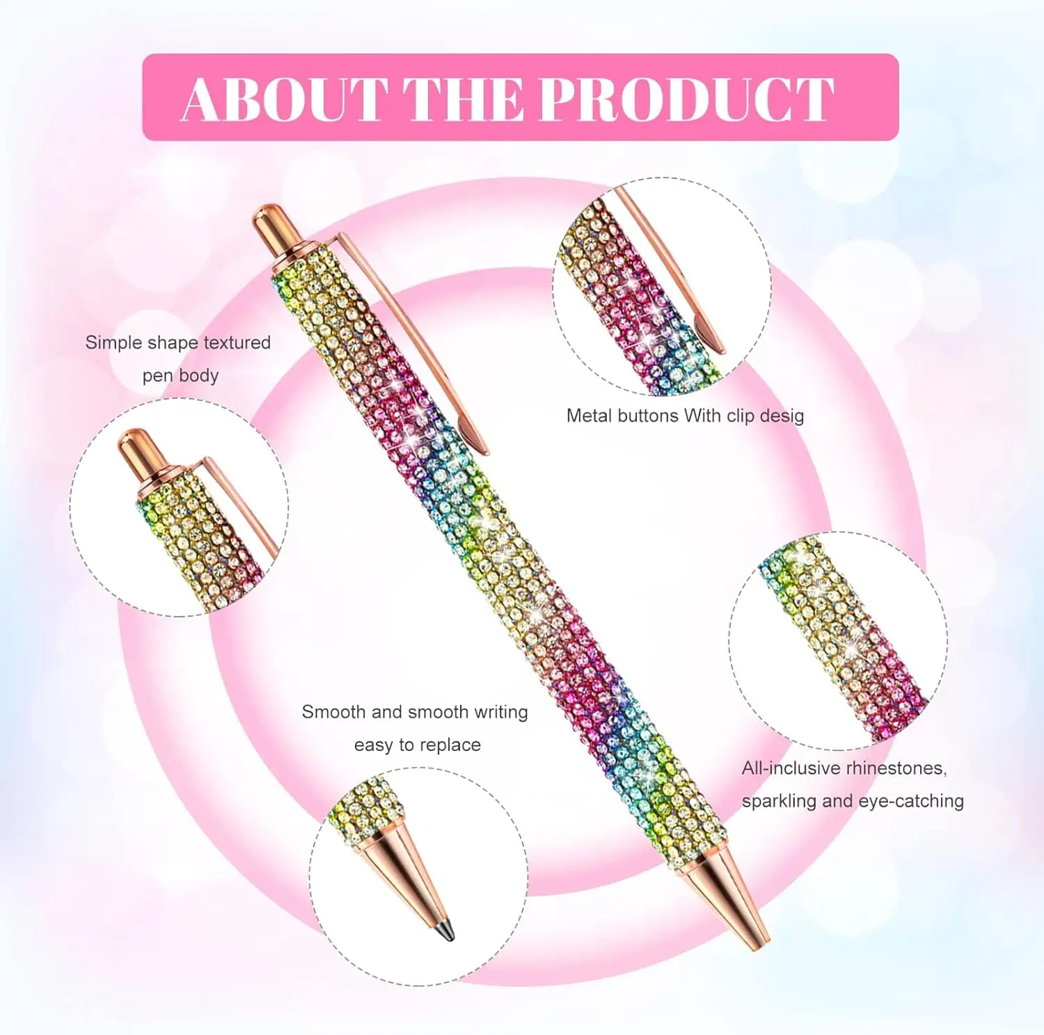 12 sztuk długopisy Rhinestone Bling metalowy długopis diament luzem fantazyjne świecący kryształ naciśnij chowany czarny tusz 0.7mm dla kobiet — zdjęcie produktu 3