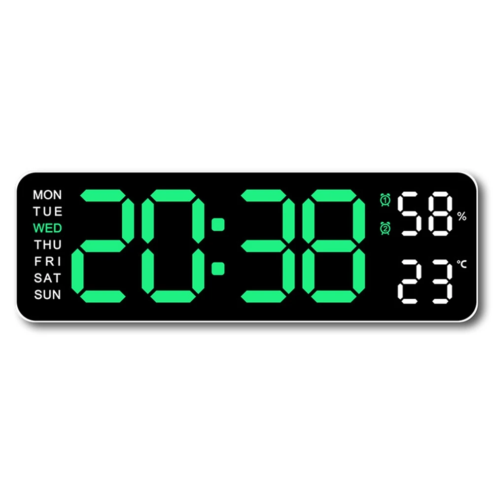NONE Große digitale Wanduhr, Temperatur und Luftfeuchtigkeit, Wochenanzeige, Helligkeit einstellbar, elektronischer LED-Tischwecker, 12/24 Stunden 4