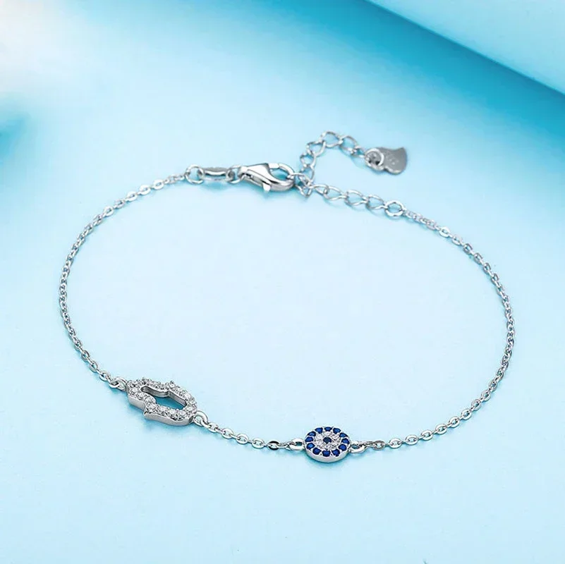 TONGZHE Evil Eye Bracelets for Women Lucky 925 Sterling Silver Bracelet Blue Eye Hamsa Hand Fatima Hand Turkey Jewelry