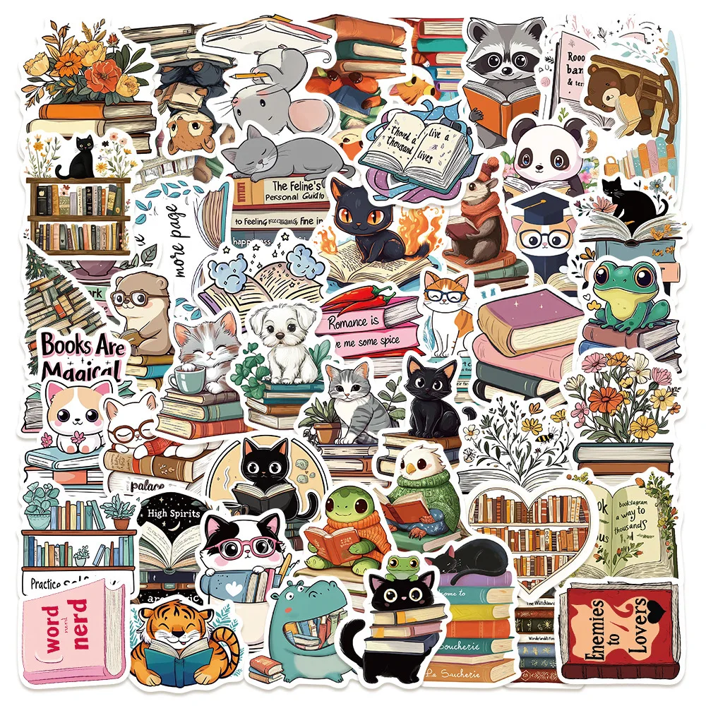 10/50Pcs Cute Funny Animal Reading Books Kindle Stickers Aesthetic Girls Decals Scrapbooking Notebook Laptop Phone Diary Sticker