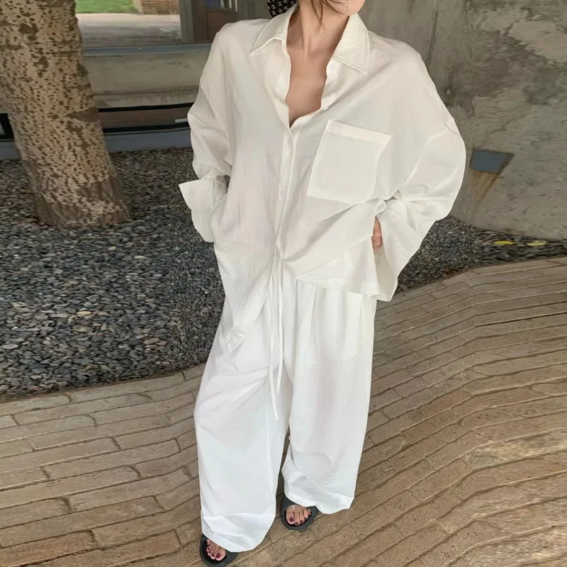 

Модный белый однотонный женский комплект из 2 предметов, элегантные однобортные рубашки с длинными рукавами и прямые брюки с высокой талией, комплекты