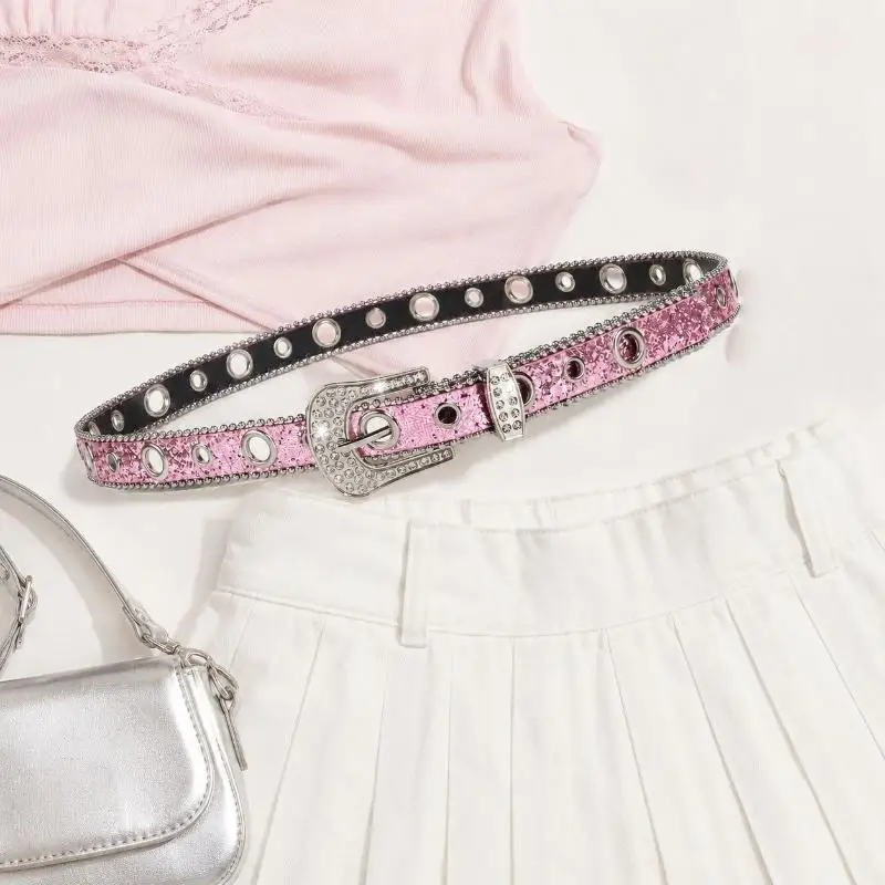 1 Stück Damen-Gürtel mit Strassbesatz, Punk-Stil, glitzernde Kristallschnalle, verstellbare Löcher für Streetwear, Konzerte, Party-Outfits – Detail 9