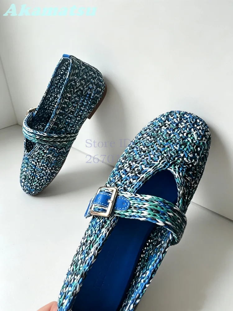 Sandalias Planas de Rafia Tejida Azul Multicolor con Punta Redonda y Hebilla Hueca, Estilo Mary Jane Casual con Tira en T, para Caminar en Verano, para Mujer 2026