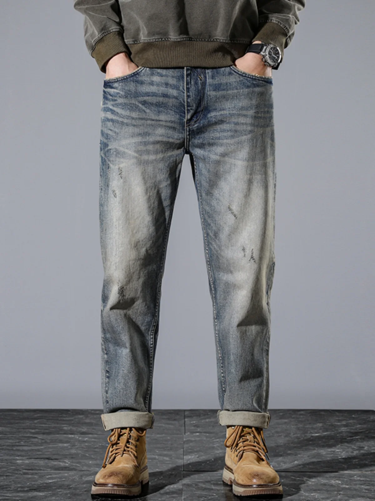

American High Street Red Slim Straight Heavyweight Premium Vintage Washed Denim Jeans Men's Fashionable Long Pants
