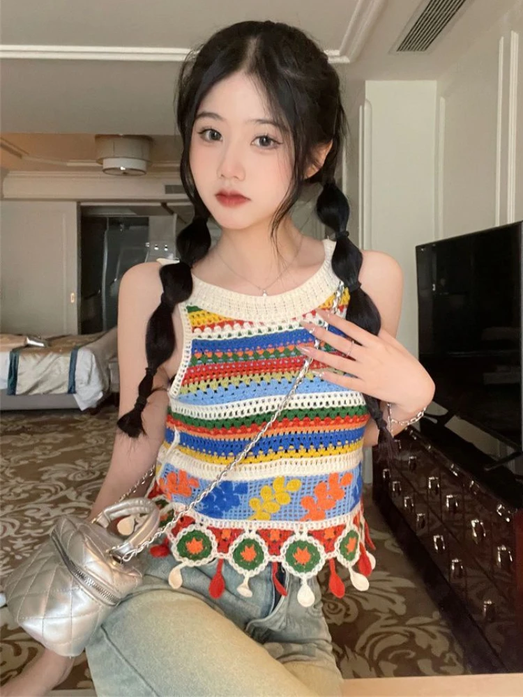 Cropped Knitted Tanks Tops Women Boho Hotsweet Rainbow Chic Hollow Out Design Kawaii Holiday Summer Popular Basic Ulzzang Female