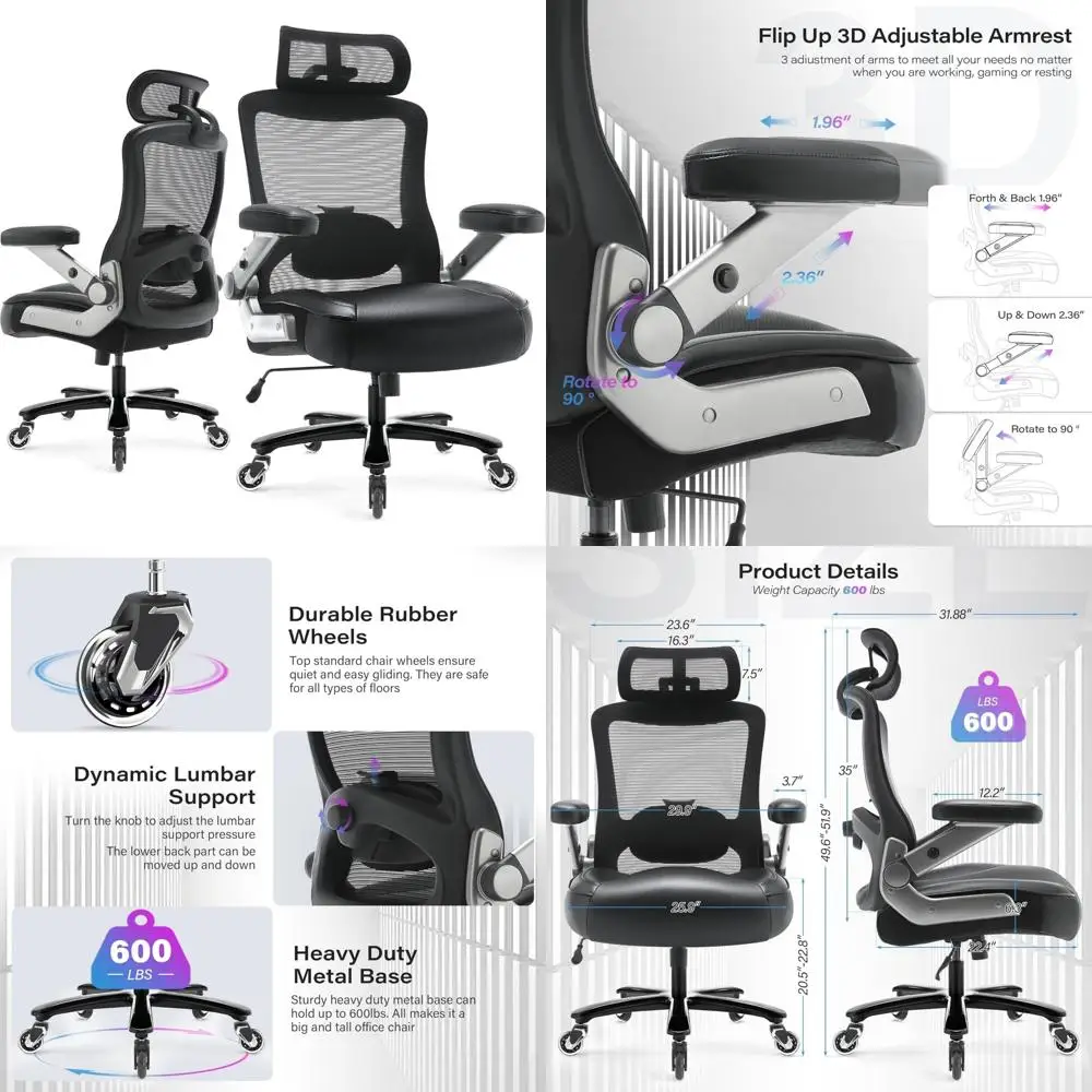 كرسي مكتب مريح عالي التحمل كبير وطويل مع أذرع قابلة للطي ثلاثية الأبعاد، شبكة عالية الظهر، عجلات كبيرة، كرسي كمبيوتر تنفيذي لـ Com #1