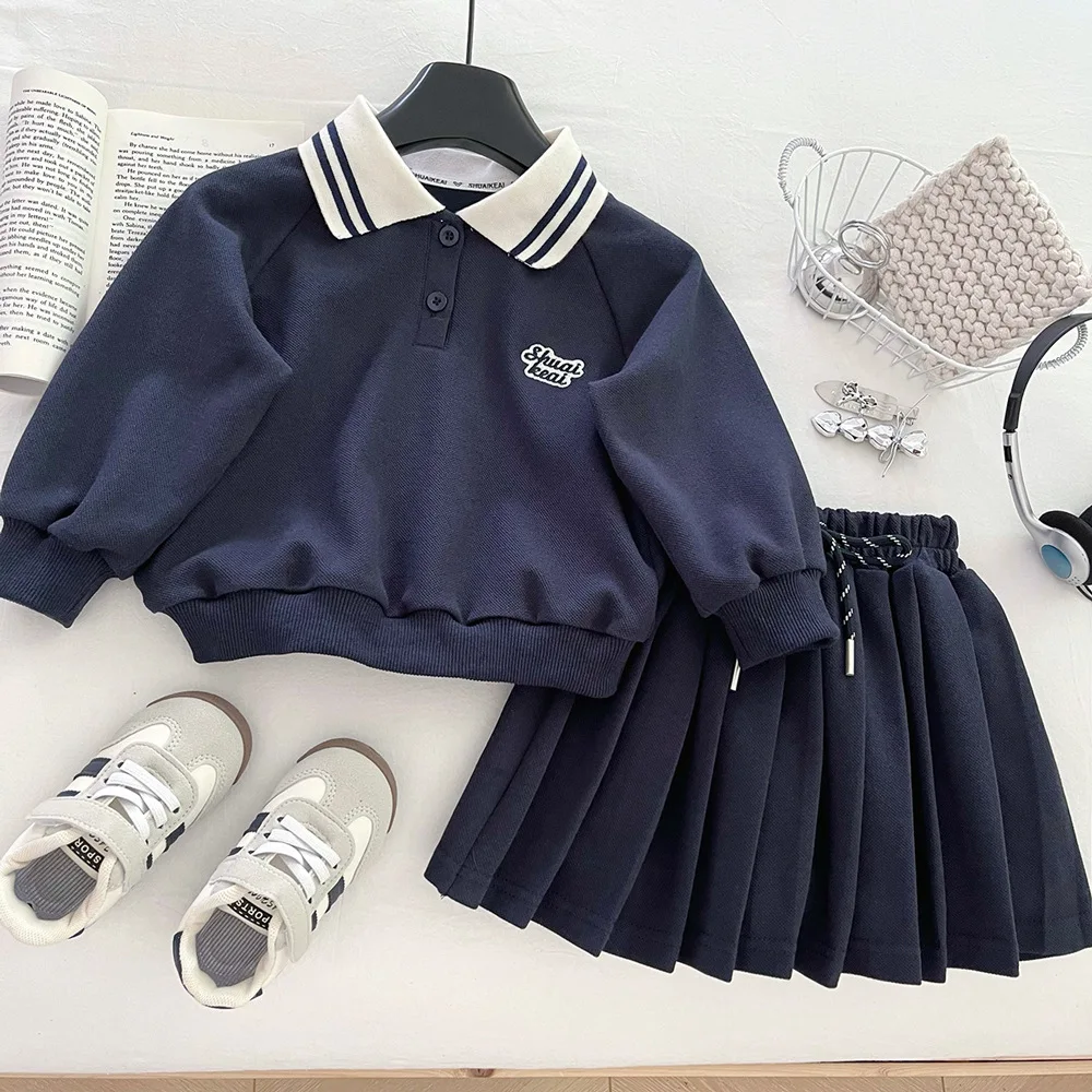 

Autumn Girls Preppy Style Outfit Polo Collar Sweatshirts with Pleated Skirt 2-Piece Set Cute Casual Set for Toddler 2-8 Years