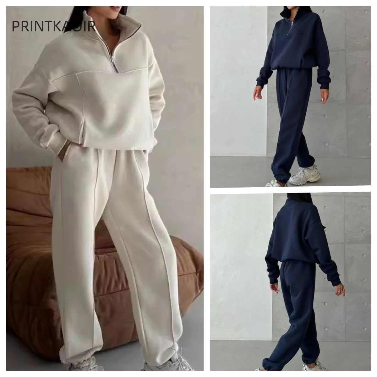 Autumn Winter Casual Women Suits Zipper Stand Collar Drawstring Sweatshirt Loose Sweatpants Fashion Thicken 2 Piece Set