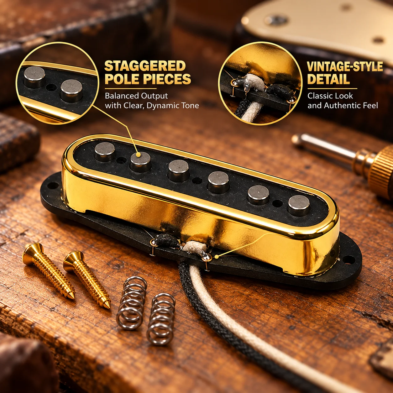 Alnico 5 ST Style Single Coil Pickup Set Neck Middle Bridge Staggered Pole Golden Cover Electric Guitar Replacement Parts