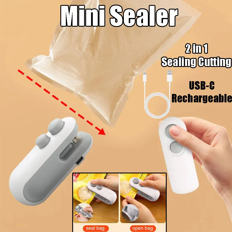 Mini Sealer Machine 2-in-1 Sealing & Cutting, USB-C Rechargeable Handheld Bag Sealer for Food & Plastic Bags