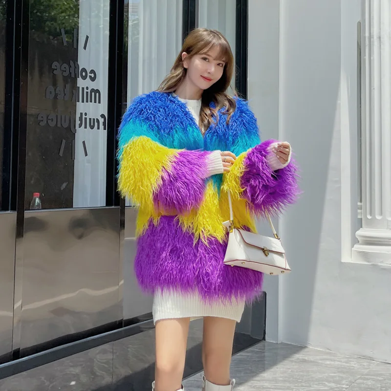 

winter new Fur imitation beach wool medium length V-neck sky blue yellow purple contrasting fur patchwork lamb wool jacket