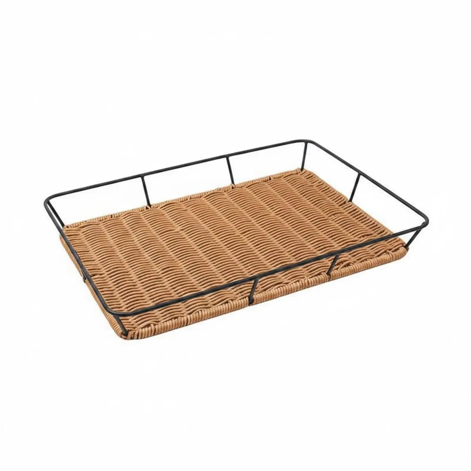 Large Rattan Bread Basket Tray with Iron Wire Edge for Serving Sliced Bread and Rolls