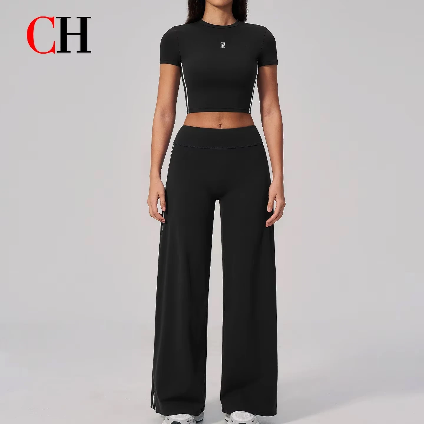 CH Women 2 Piece Yoga Set Crop Top Wide Leg Pants High Waist Striped Sportswear Gym Fitness Workout Tracksuit Activewear
