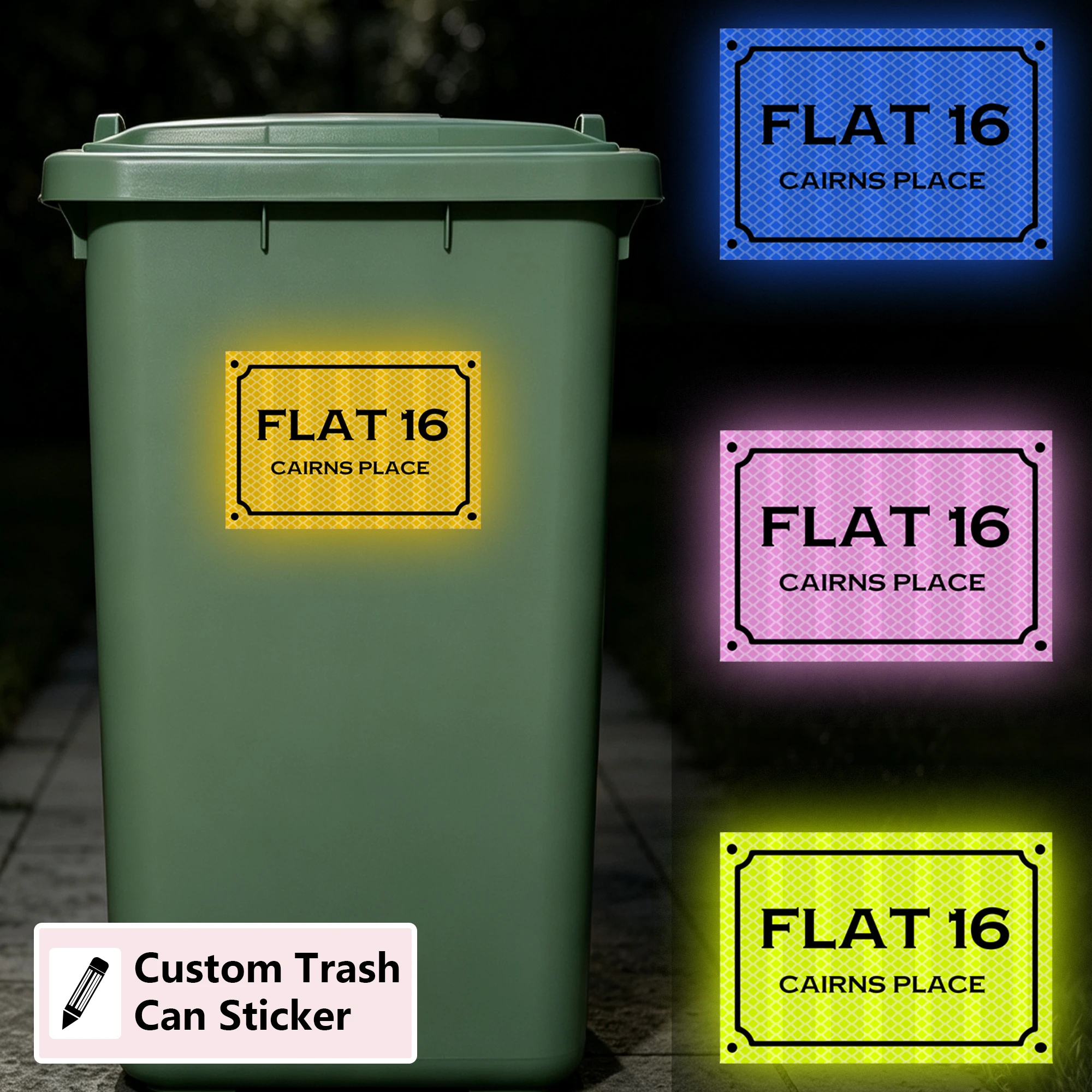 Custom Reflective Trash Can Sticker House Number and Street Decal Self Adhesive Wheelie Bin Weatherproof Night Visibility Label