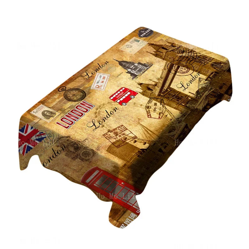 American Style Retro London Theme Rectangle Tablecloth Big Ben Tower Bridge Red Double Decker Bus British Union Flag Design