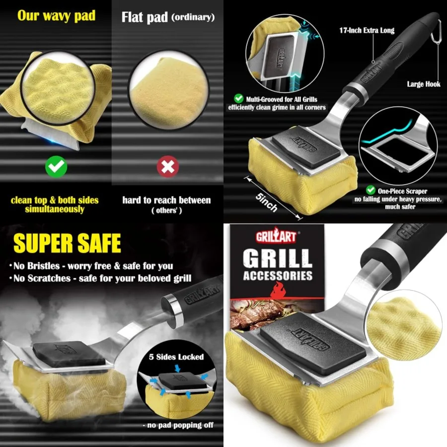 

Grill Brush Bristle Free Safe Steam Cleaning Tool, Hed for ny Grte Type - 17 Long Hndle w/One-Fit-ll Scrper - BBQ ccessories Cl