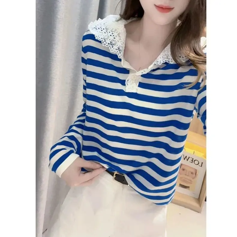 

Модная женская футболка с длинным рукавом для ранней осени, с кружевными вставками, в полоску, с капюшоном, повседневная, из смесового полиэстера и спандекса, в китайском стиле