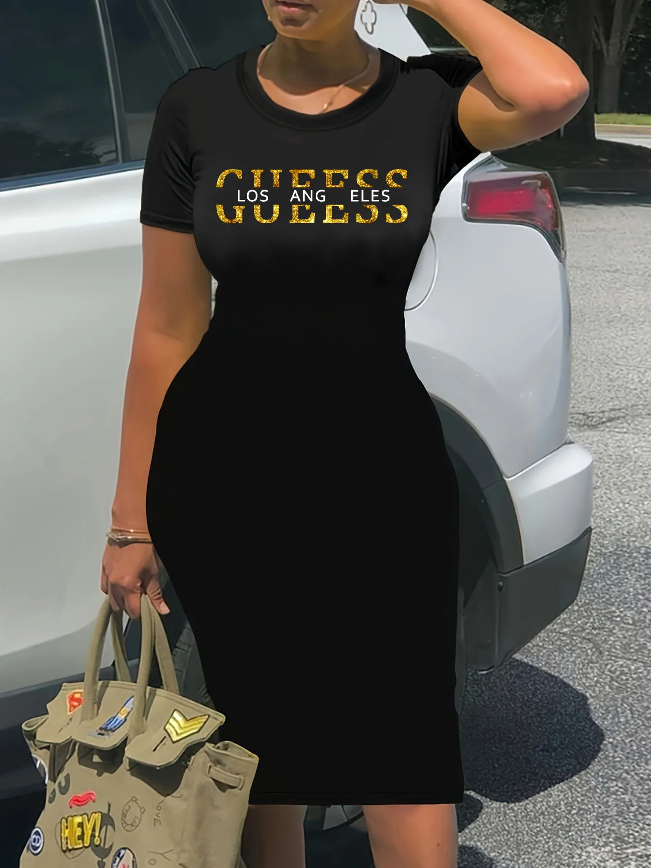 Abito estivo nero sexy da donna AMORE carattere stampa casual slim fit senza maniche girocollo T-shirt mini abito