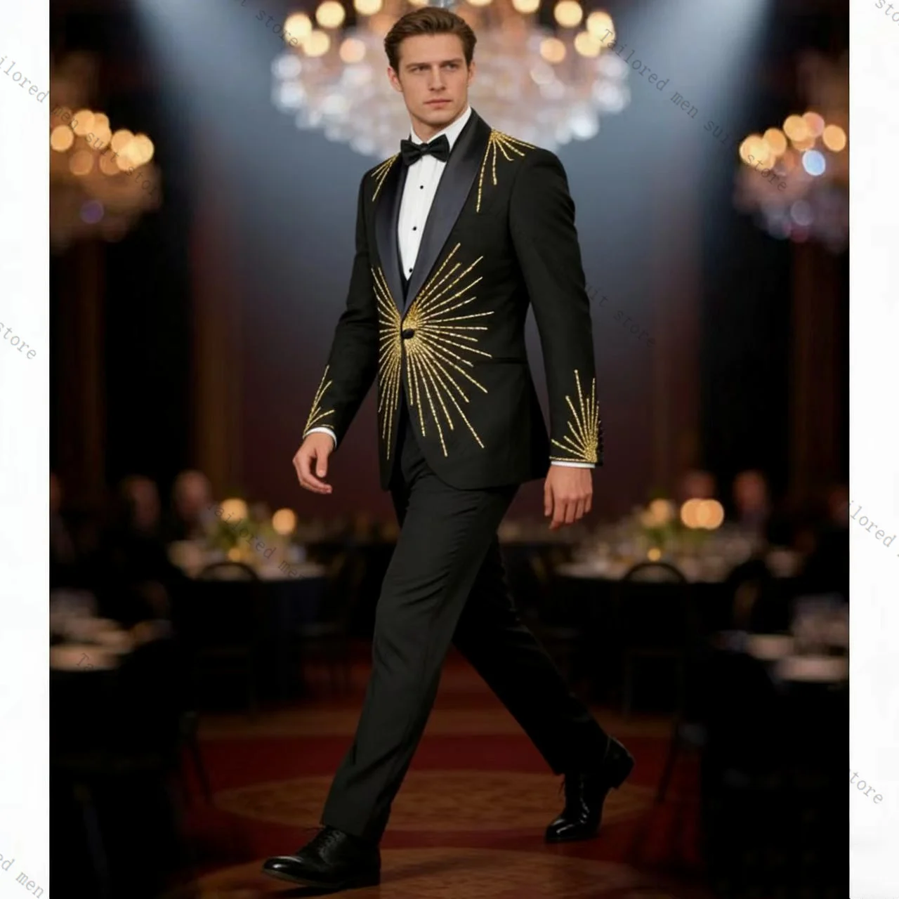 

Luxury Black Cotton Men Suits Pants Set 2 Pcs Blazer+Trousers Crystals Wedding Tuxedos Jacket Formal Office Business Coat Outfit