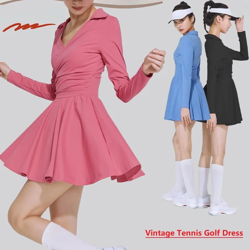 

New Arrival Tennis Dress Women Golf Long Sleeve V-Neck Polo Dress with Shorts Ladies Pleated Badminton Skirts Fitness Yoga Set