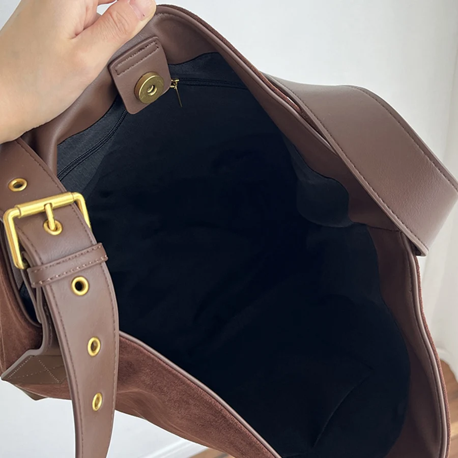 Autumn new vintage bucket bag with suede, large capacity, daily commuting single-shoulder crossbody bag, patchwork ladies' totes