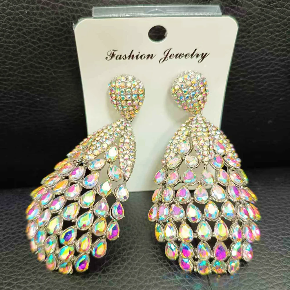 Damen AB Kristall Tropfen-Ohrringe Goldfarben Hohle Strass-Ohrhänger Hochzeit Party Braut Statement-Schmuck Geschenk – Detail 1