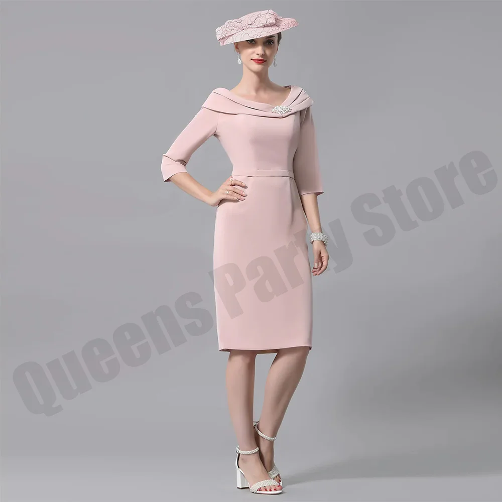 

Classic Short Mother of The Bride Dress for Mom Groom Party Dresses 3/4 Sleeves Pleat Knee Length Crepe Wedding Guest Gown