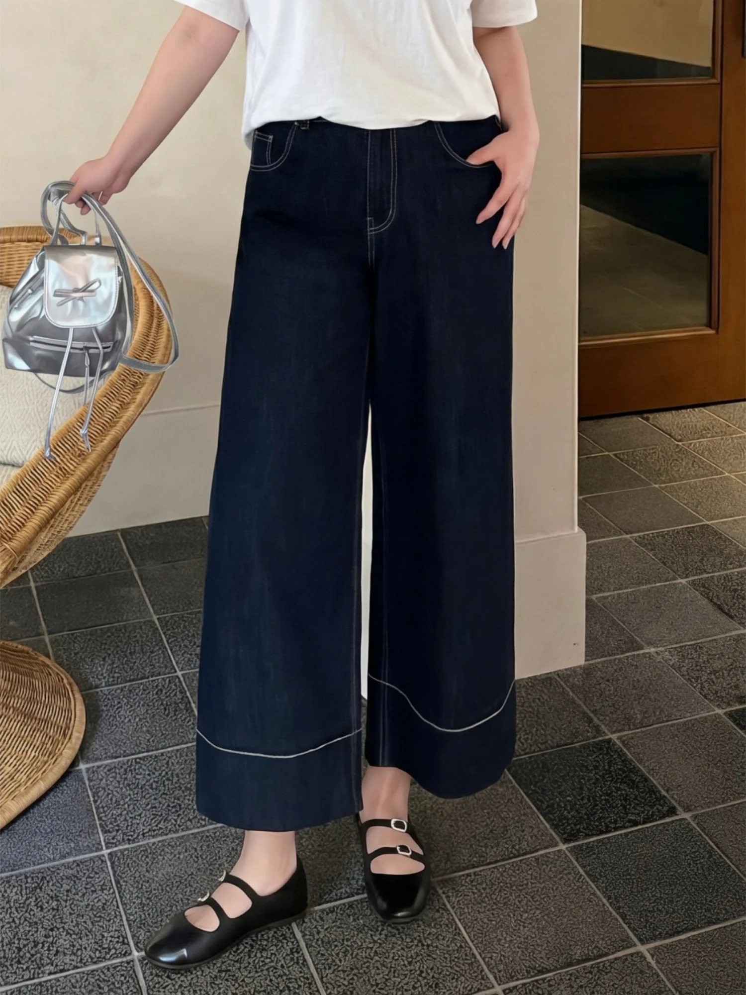 

Джинсы с высокой талией и широкими штанинами из денима, весенняя коллекция, прямой крой, скрывающий недостатки фигуры, для полных женщин, повседневный стиль, смесовая ткань с хлопком