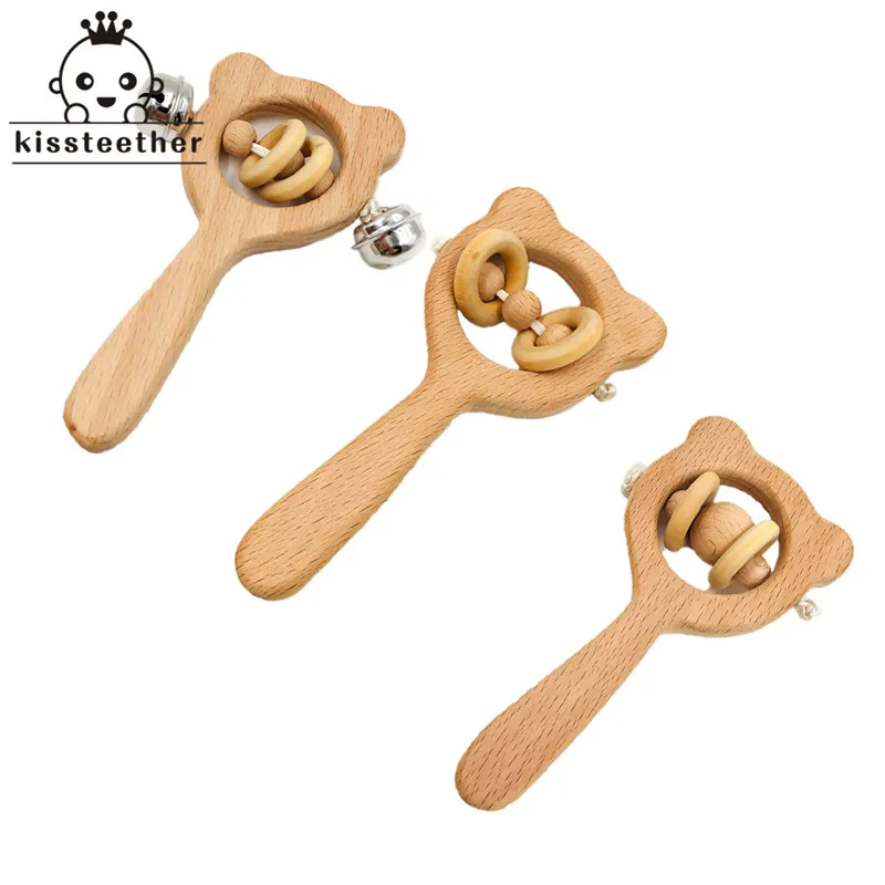 5pcs Traditional Rattle with Bear.Organic Wooden Rattle.Teething Toy.Natural Infant Toy.Hand-carved Beech and Linden rattle