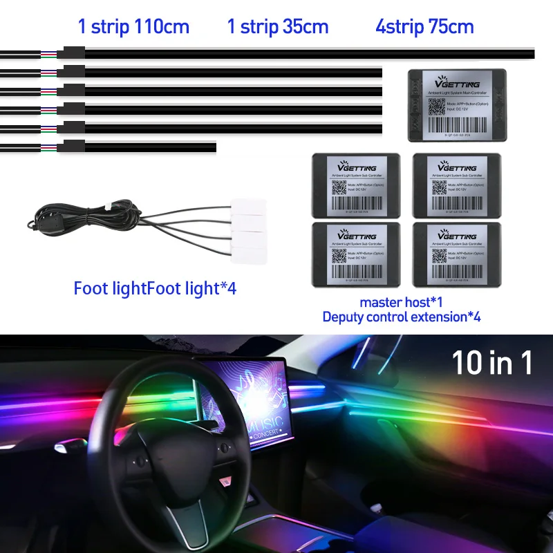 Full Color Streamer Auto Omgevingslichten RGB 64-kleuren Universeel LED-interieur Verborgen acrylstrip Symfonie Sfeerlamp
