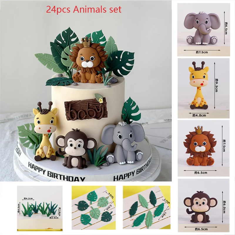 Jungle Animal Cake Topper Kit Plam Leaves Safari Lion Giraffe Elephant Doll Cake Decor Wild One Kids First Birthday Party Decor