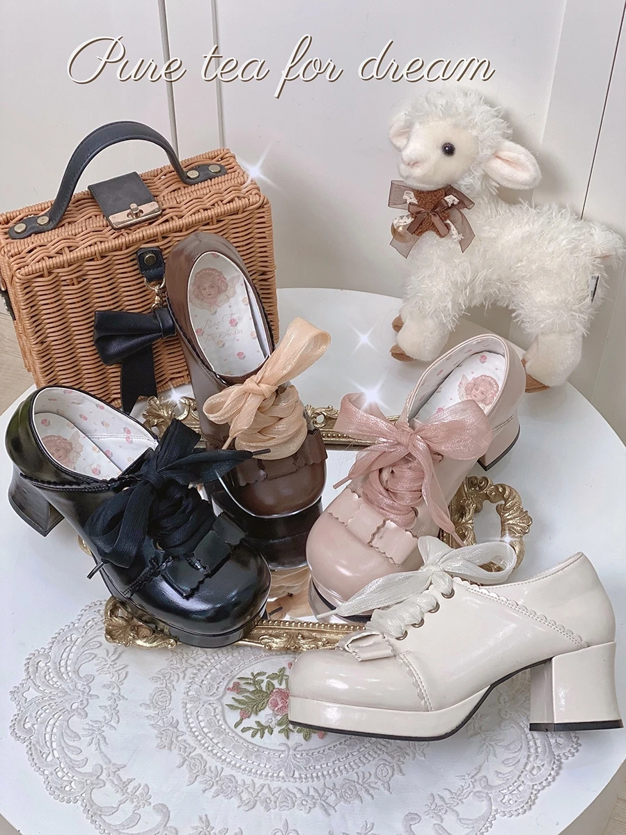 

2025 Autumn New Japanese Cream Small Leather Shoes Women's Lolita Bow Sweet and Elegant Medium Heel Single Shoes for women