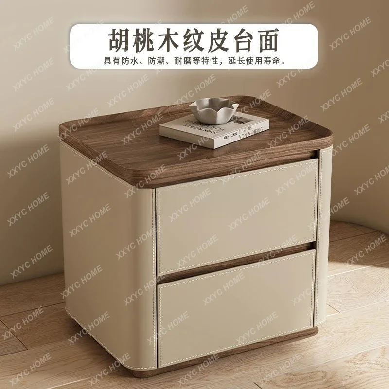 

New saddle leather bedside table Nordic light luxury bedroom wood grain retro design bedside table