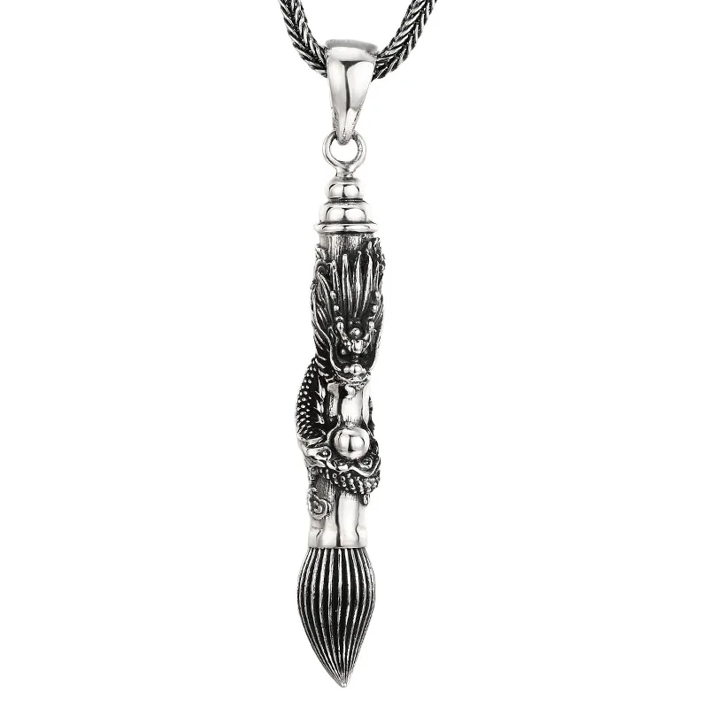 Exquisite Vintage Thai Silver Dragon Pen Pendant - 925 Sterling Silver Antique Oxidized Jewelry Gift